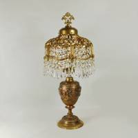 Glitzernde Bleikristall Tischleuchte mit Puttis – Jugendstil Unikat Sterne Mond Messing Vintage Upcycling