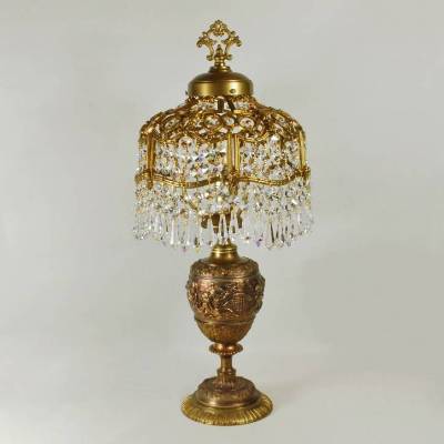 Glitzernde Bleikristall Tischleuchte mit Puttis – Jugendstil Unikat Sterne Mond Messing Vintage Upcycling