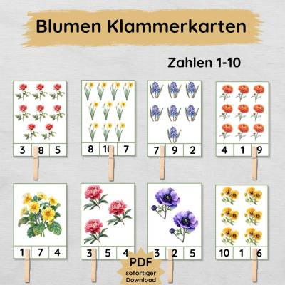 Blumen Klammerkarten Zahlen lernen von 1 bis 10 für Kinder zum Ausdrucken