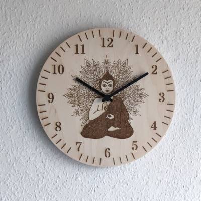 Handgefertigte Holz Wanduhr Buddha Meditation Yoga Gravur Uhr lautlos 29 cm Wohnzimmeruhr Mandala geräuschlos