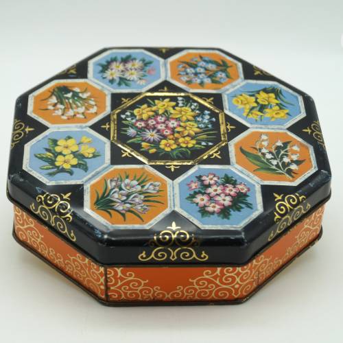 Achteckige Blechdose „Becking Mocca Importkaffee“ vintage Kaffeedose Blumenmotiv Deckeldose Orange & Braun Metalldose