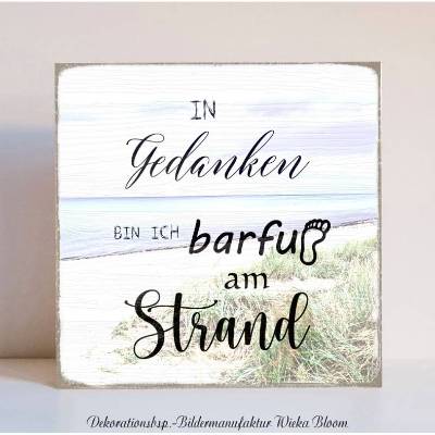 Holzblock Holzschild Bild mit maritimen Spruch, Barfuß am Strand, minimalistische Wanddeko zum Aufhängen oder Hinstellen