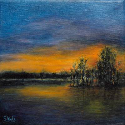 Original Ölgemälde, Abend, Landschaft, Unikat, handgemalt, 20 x 20 cm