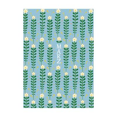 Monatskarte März * 5 Postkarten Gänseblümchen, mit Blümchen in Reihen auf Hellblau
