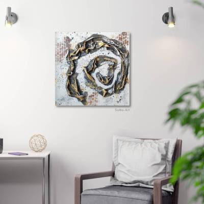 Abstraktes Kunstwerk mit Papierstruktur, modernes Bild in Gold, Schwarz und Weiss für moderne Wohnräume