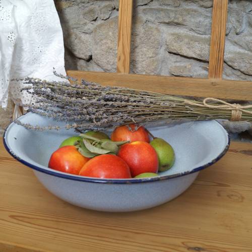 Vintage Emaille Schüssel blaugrau blauer Rand shabby chic Schale alte Waschschüssel Vogeltränke Landhausdeko Untersetzer