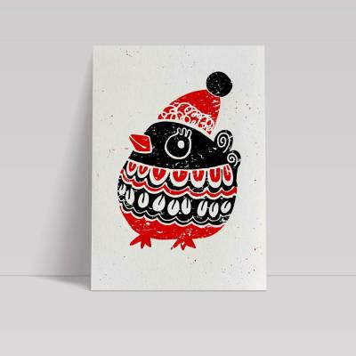 Vogel Santa – Handgemachter Mini-Siebdruck im Winter-Outfit
