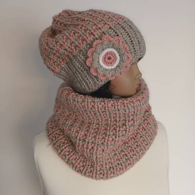 SET Strickmütze mit Schal Mütze Schlauchschal Beanie Blume Wollmütze Schal Strickschal Accessoires Damenmütze Damenschal