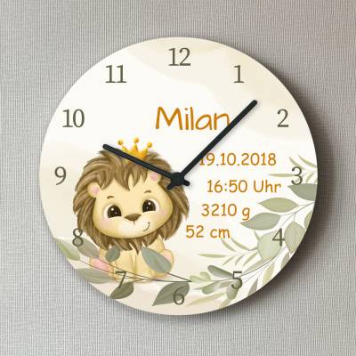 Personalisierte Wanduhr Löwe Baby Geburt Taufe Babygeschenk Geburtsdatum Junge Mädchen