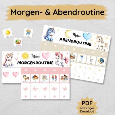 Einhorn Morgenroutine und Abendroutine Plan für Kinder, PDF Mädchen Routineplan zum Ausdrucken