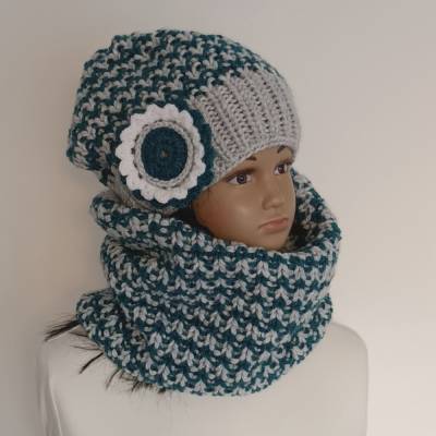 SET Strickmütze mit Schal Mütze Schlauchschal Beanie Blume Wollmütze Schal Strickschal Accessoires Damen
