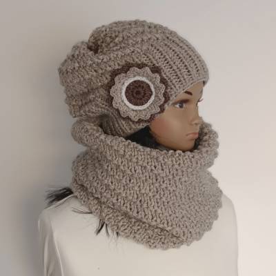 SET Strickmütze mit Schal Mütze Schlauchschal Beanie Blume Wollmütze Schal Strickschal Accessoires Damenmütze Damenschal