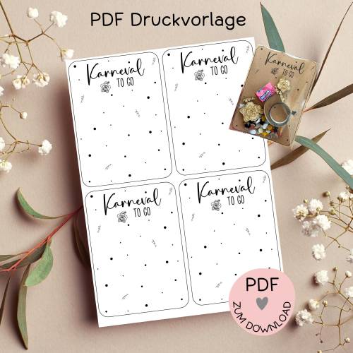 Digitale Datei, PDF-Druckvorlage Karten "Karneval to go", Geschenktütchen, Karneval, Fasching, Fasnacht