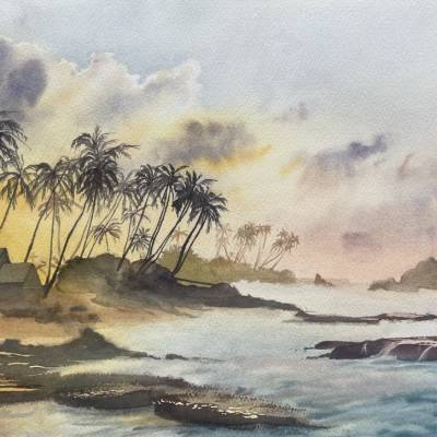 Das Aquarellbild "Die untergehende Sonne"