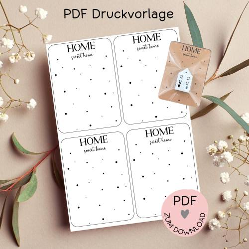 Digitale Datei, PDF-Druckvorlage Karten "Home sweet Home", f. kleine Geschenke, Geschenktütchen