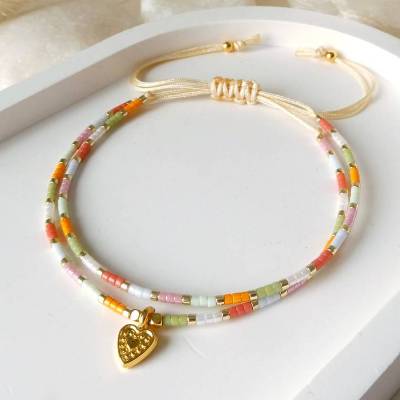 Buntes 2-reihiges Armband aus Miyuki Perlen mit Anhänger Herz, kleine Geschenke für Frauen Freundin