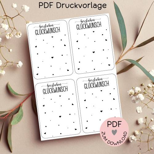 Digitale Datei, PDF-Druckvorlage Karten "Herzlichen Glückwunsch", Geschenktütchen z.B. Geburtstag etc.