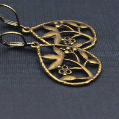 Ohrringe Antik Bronze Tropfenform mit Blumen und Blättern, Naturmotiv