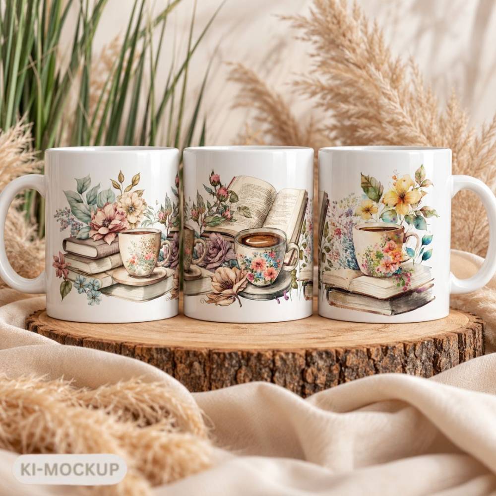 Bücher Tasse mit Blumen & Kaffee | Kaffeetasse für Leseratten