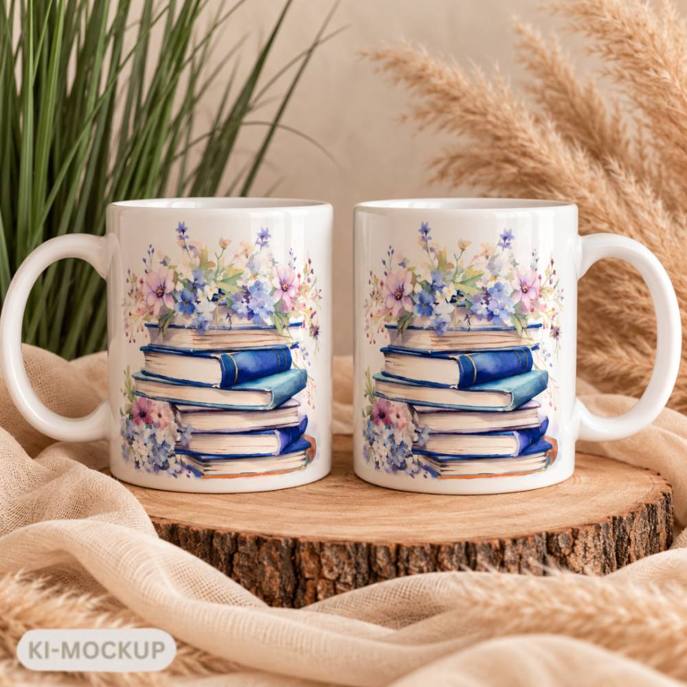 Bücher Tasse mit Blumen | Kaffeetasse für Leseratten & Buchliebhaber