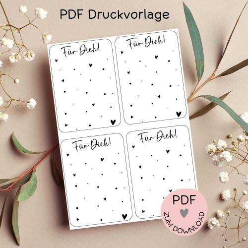 Digitale Datei, PDF-Druckvorlage Karten "Für Dich", Geschenktütchen z.B. für kleine Geschenke