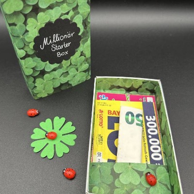 Millionär Starter Box Geldgeschenk – Originelle Geschenkidee mit Glücksklee & Losen