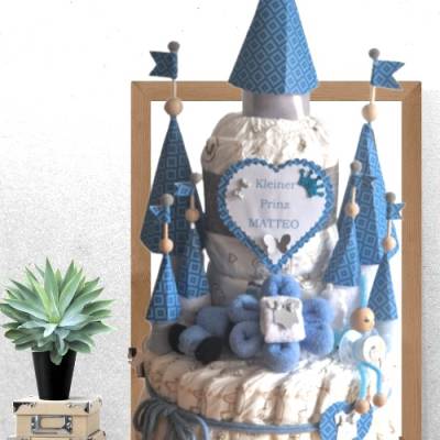 Windeltorte Jungen XXL Windelschloss blau – Geschenk zur Geburt & Taufe
