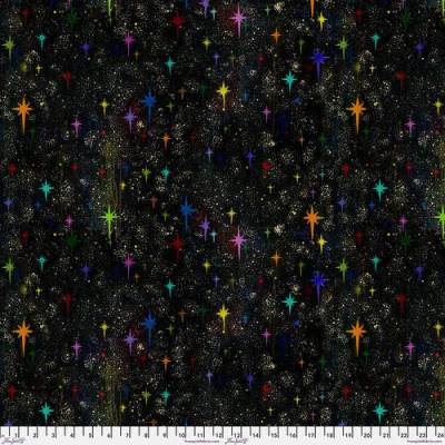 Patchworkstoff "Skylights" Starlight BLACK von Sue Penn – Baumwolle, Schwarz mit bunten Sternen, 110cm breit