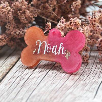 Resin Hundemarke, süße Hundemarke, einzigartiger Anhänger, personalisierbar, Farbverlauf Gold-Bronze-Flamingo-Rosa
