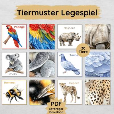 Tiermuster Legespiel für Kinder zum Ausdrucken, auch als Tiere Paare Suchspiel nutzbar