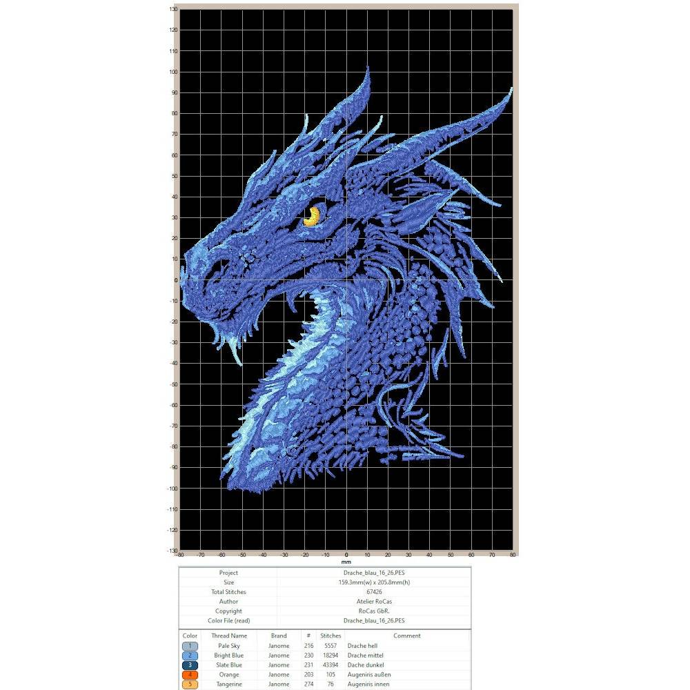 Maschinen Stickdatei - Drache Color Lichteffekt 15-16x26cm, 20*17cm (JEF) Bild 2