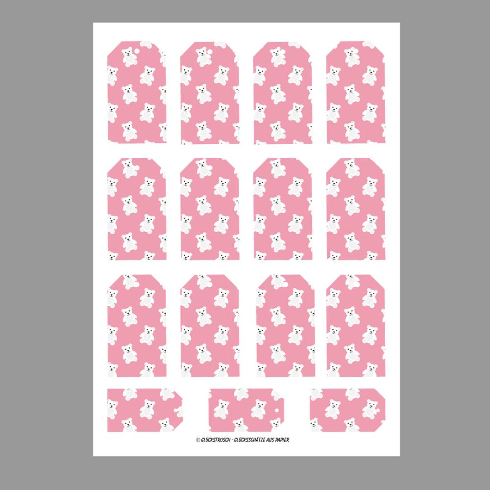 Geschenkanhänger rosa Bärchen, 15 St. in 2 Größen zum ausdrucken und ausschneiden A4 Bild 1