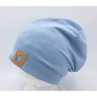 Beanie Mütze hellblau mit Sternpatch für Kinder und Erwachsene, Übergangsmütze Baumwolljersey, Babymütze, unisex