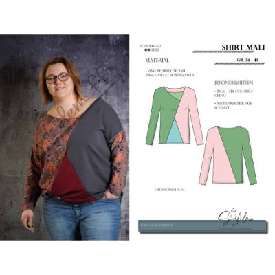 Schnittmuster Shirt Mali – PDF-Schnittmuster in Gr. 34-48 | Asymmetrischer Ausschnitt | Colorblocking | Langarm  Kurzarm