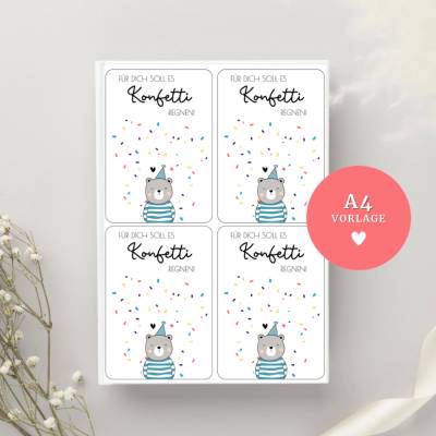 Karten für Geschenktüten „Für Dich soll es Konfetti regnen“ – PDF-Datei zum Download / Drucken