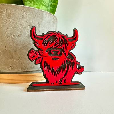 Valentinstag Highland-Cow mit Rose, Deko, Geschenk