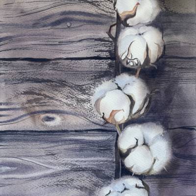 Das Aquarellbild "Baumwollzweig auf Holz"