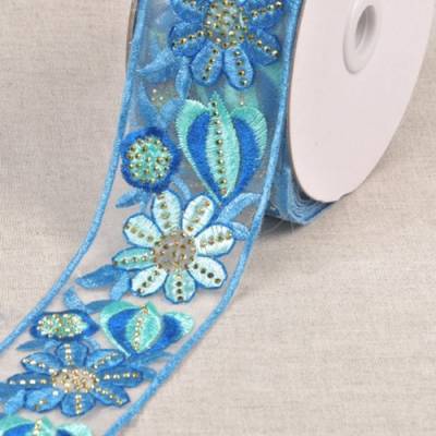 Borte, Organza bestickt mit Blüten und Glitzer, blau-türkis, 55 mm breit, Meterware