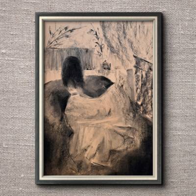 "Die Sitzende" Kohlezeichnung 30x40 Schwarzweiß Vintage