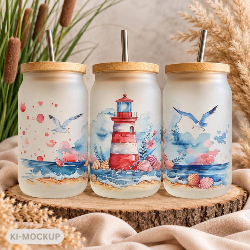 Trinkglas Leuchtturm 400 ml | Maritimes Glas mit Strohhalm