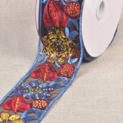Borte, Organza bestickt mit Blüten und Glitzer, blau-rot-gelb, 55 mm breit, Meterware