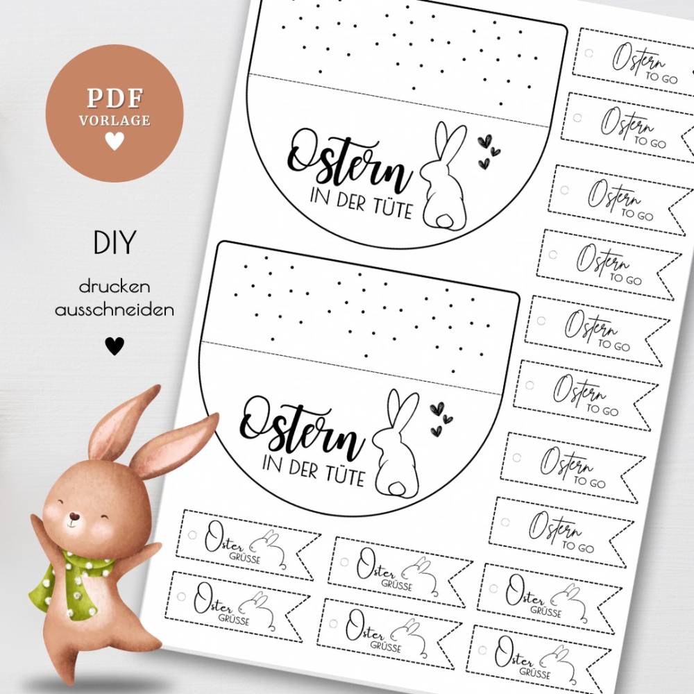 Tütenklappen PDF Datei A4 Osterhase "Ostern in der Tüte" inkl. Geschenkanhänger | Druckvorlage Download zum Ausdruck Bild 1