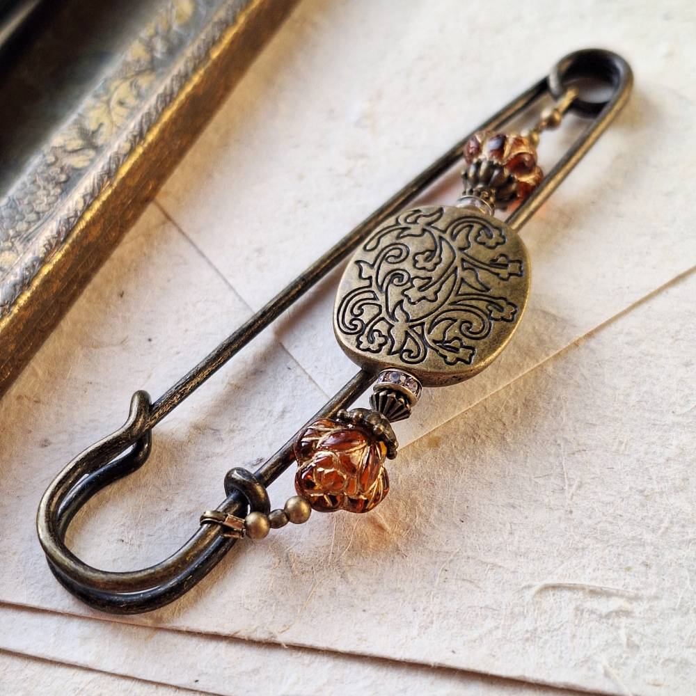 große Tuchnadel Blüten Bronze Ornament, Schmucknadel floral, Schalnadel bernsteinfarbene Perlen Geschenk N10-AB Bild 10