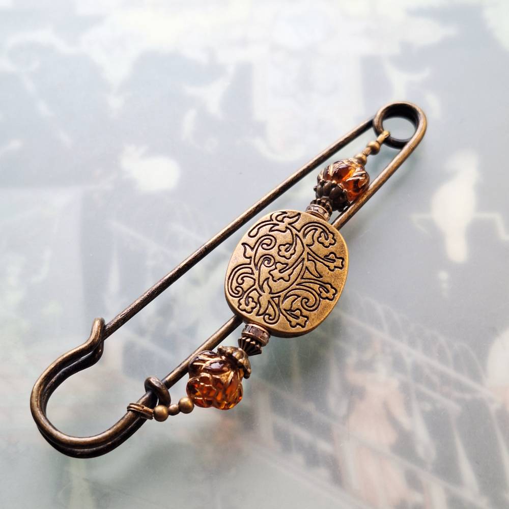 große Tuchnadel Blüten Bronze Ornament, Schmucknadel floral, Schalnadel bernsteinfarbene Perlen Geschenk N10-AB Bild 6