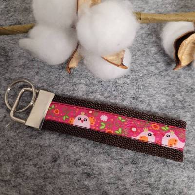 Schlüsselanhänger aus Gurtband Schwarz / mit bunten Motivband Vögel