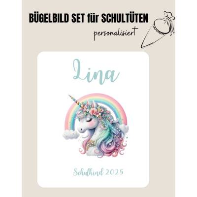 Set für Schultüte: Bügelbild Rainbow Unicorn 5 *personalisiert Wunschname