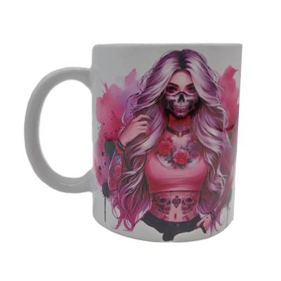 Tasse, Kaffeebecher bedruckt mit Frau und Schriftzug, Keramik
