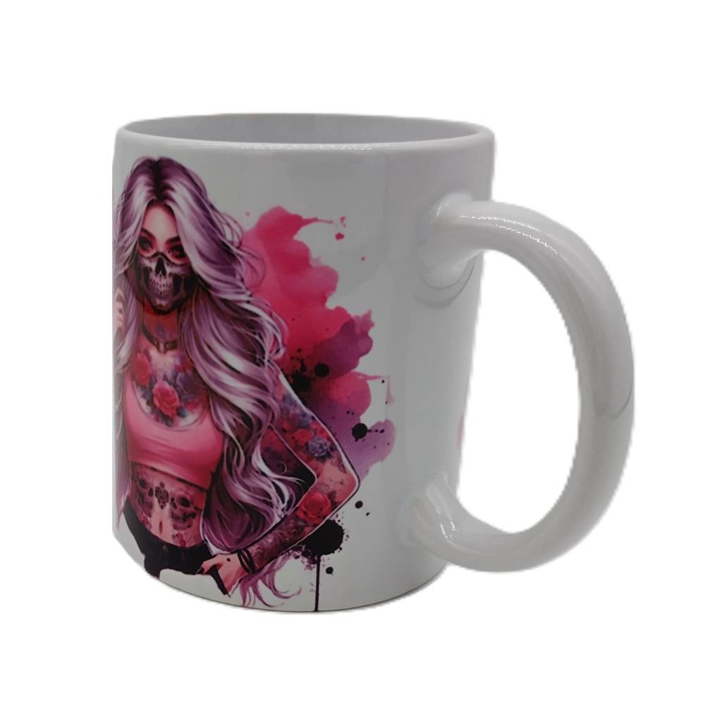 Tasse, Kaffeebecher bedruckt mit Frau und Schriftzug, Keramik
