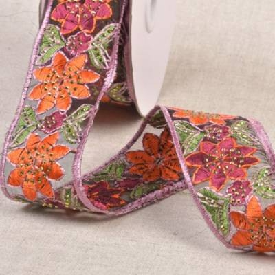 Borte, Organza bestickt mit Blüten und Glitzer, khaki-orange-dunkelrot, 45 mm breit, Meterware