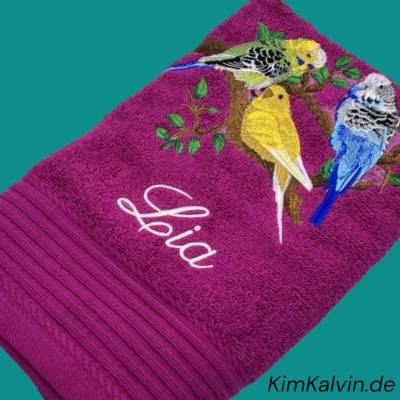 Dusch-Handtuch ( 70 x 140 cm ) mit großem Wellensittich Motiv bestickt / Tolle Geschenkidee / Personalisiert mit Namen